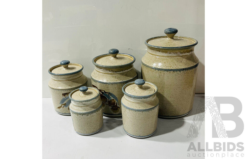 Retro Set Five Studio Pottery Lidded Graduating Canisters