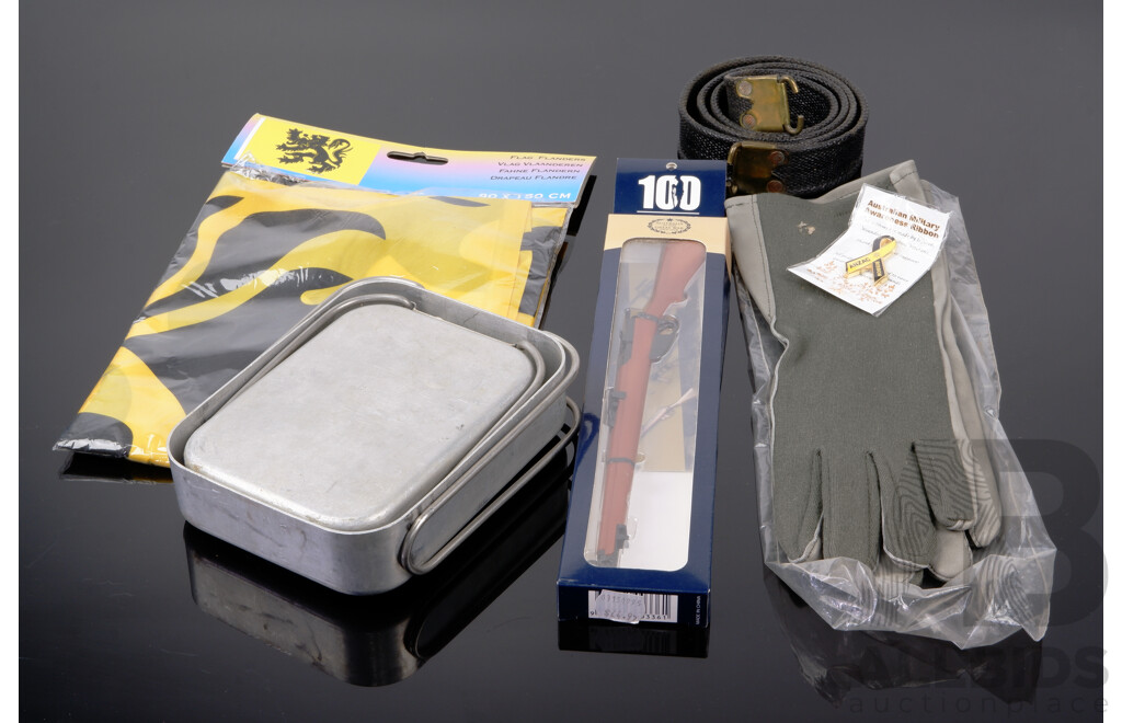 Collection Military Related Items Including Brand New Flanders Flag, Nomex Flying Gloves, Set Two Vietnam War Era Army Mess Tins with Stove, SLR Rifle Sling and More
