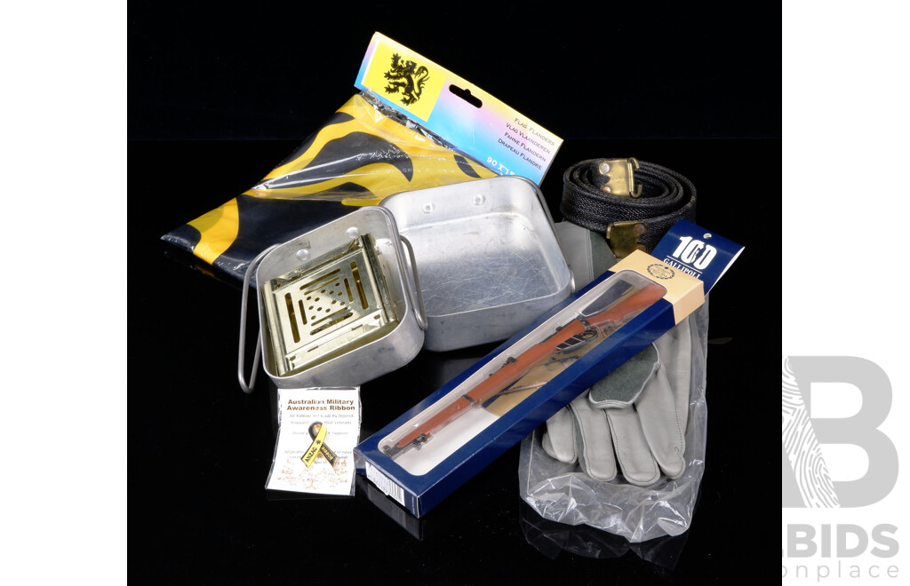 Collection Military Related Items Including Brand New Flanders Flag, Nomex Flying Gloves, Set Two Vietnam War Era Army Mess Tins with Stove, SLR Rifle Sling and More