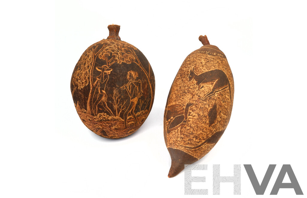 Two Large Vintage Australian Indigenous Aboriginal Hand Carved Boab Nuts