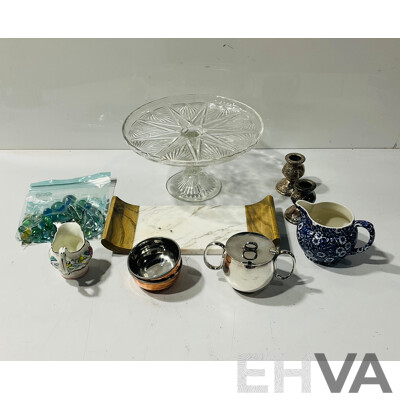 Collection Vintage and Other Decorator Items Including Cut Glass Cake Stand, Vintage Marbles, Marble Cheese Board and More