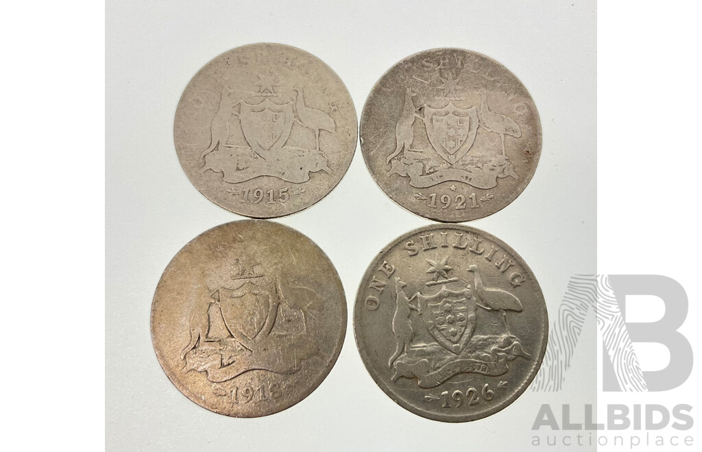 Four Australian KGV Silver Shillings Including 1921 Star, 1915, 1918, 1926