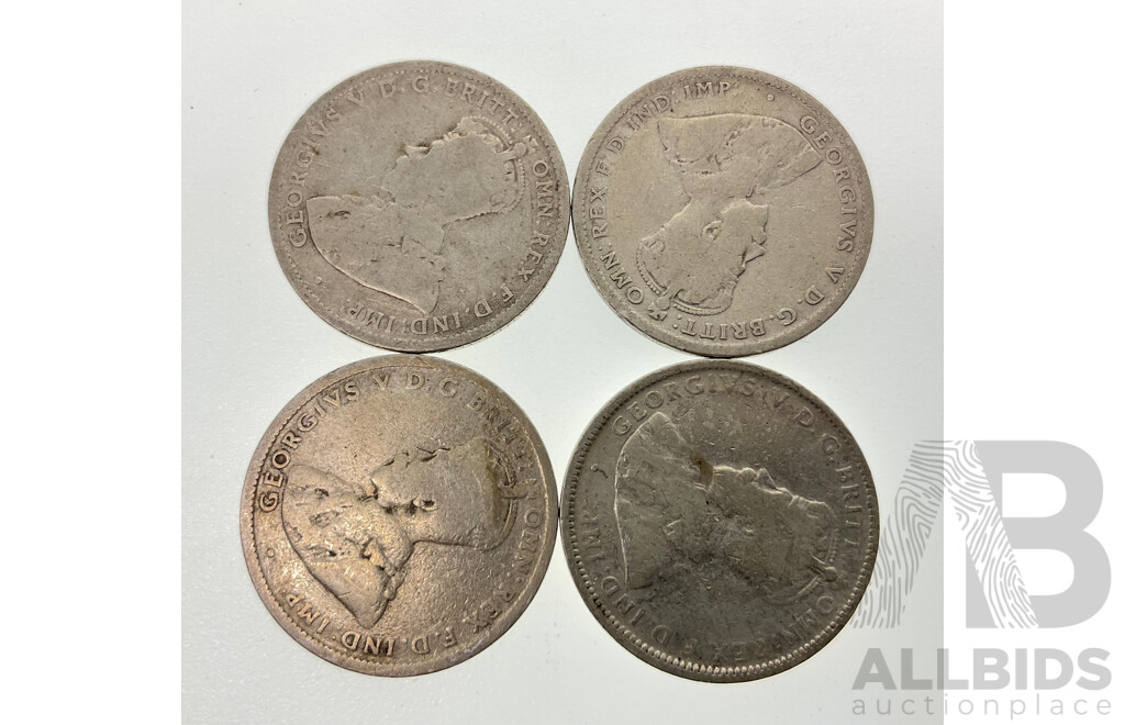 Four Australian KGV Silver Shillings Including 1921 Star, 1915, 1918, 1926