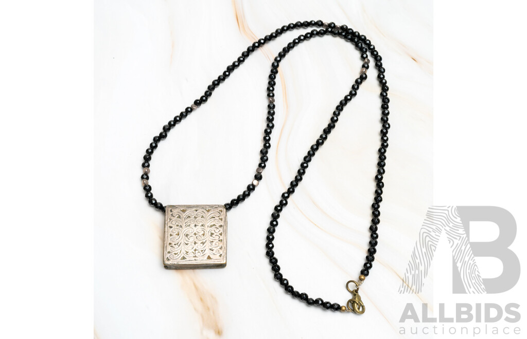 Vintage Silver Moroccan Amulet on Onyx Beaded Necklace, 75cm Long