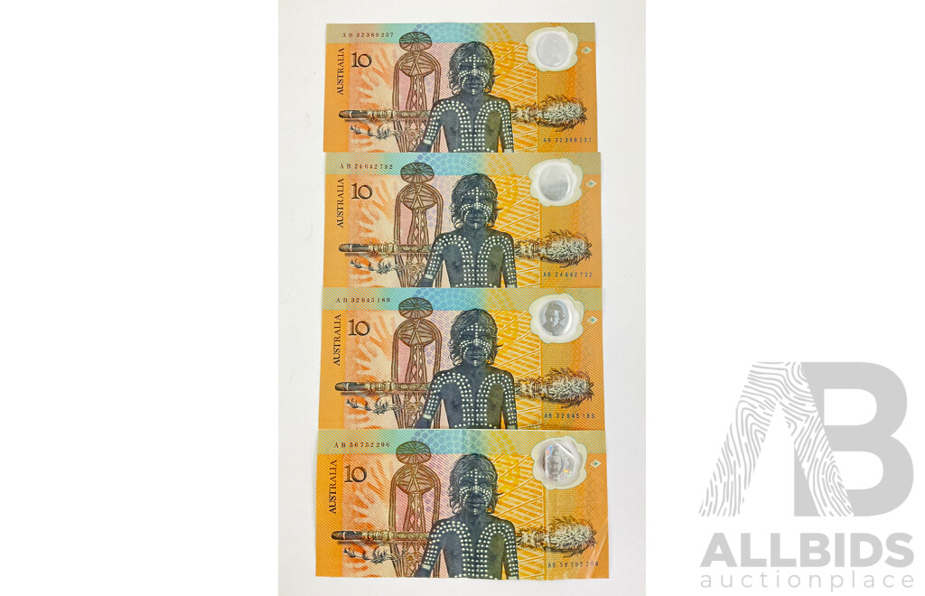 Four Australian 1988 Ten Dollar Bicentennial Notes, AB Prefix