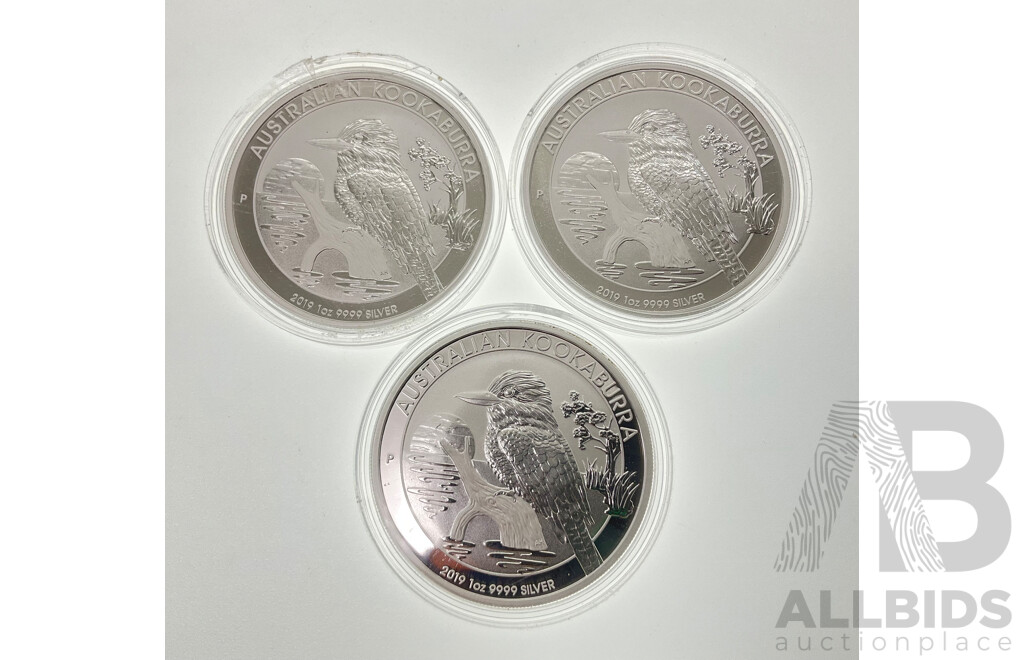 Three Australian Perth Mint 2019 Silver Proof One Dollar Coins, Australian Kookaburra .999