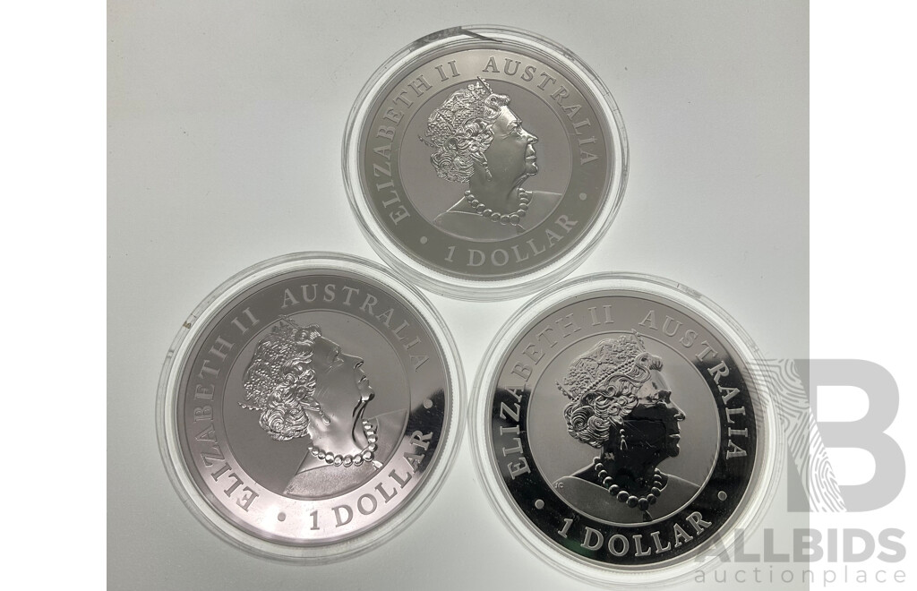 Three Australian Perth Mint 2019 Silver Proof One Dollar Coins, Australian Kookaburra .999