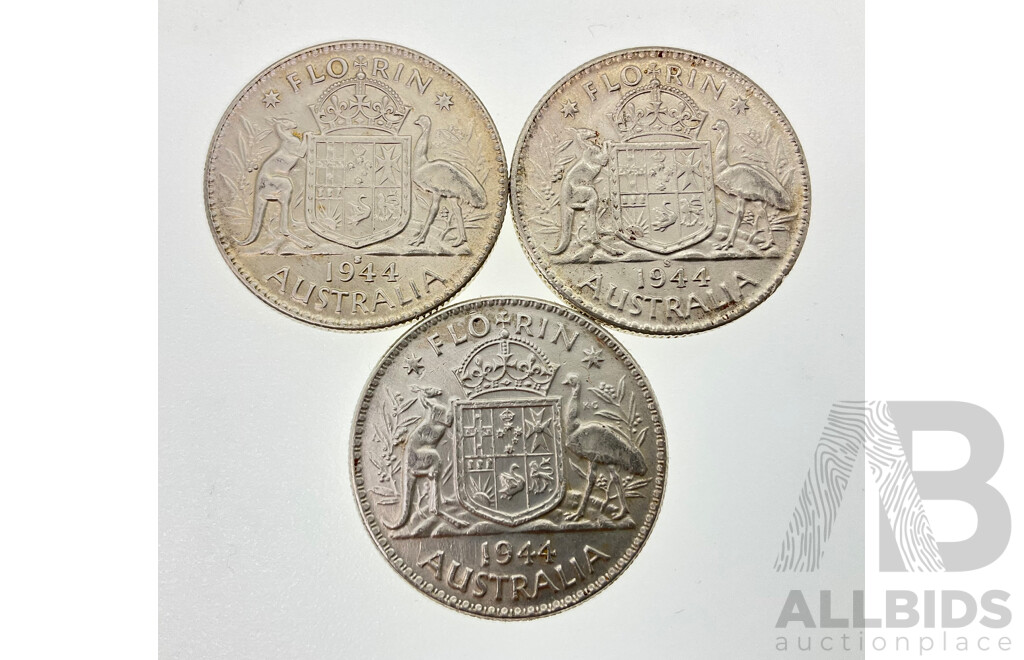 Three Australian 1944 Silver Florins Including Two San Fransisco Mint .925