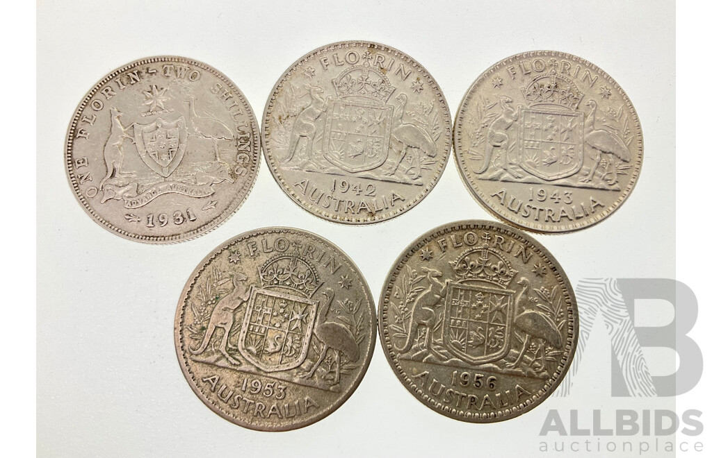 Five Australian Silver Florins Including 1931, 1942, 1943, 1953, 1956