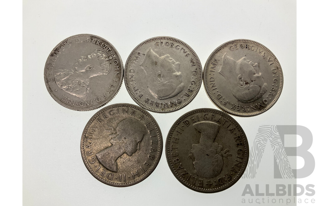 Five Australian Silver Florins Including 1931, 1942, 1943, 1953, 1956