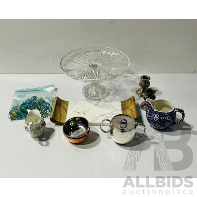 Collection Vintage and Other Decorator Items Including Cut Glass Cake Stand, Vintage Marbles, Marble Cheese Board and More