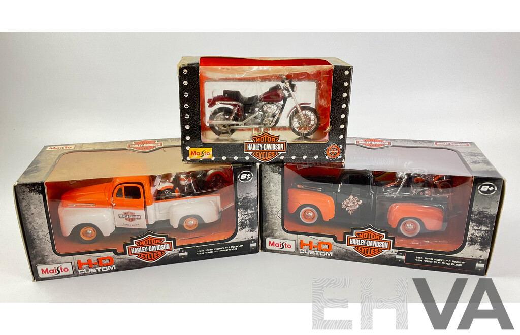 Maisto Diecast H-D Custom 1948 Ford F-1 Pickups with 1958 FLH Do Glide and 1948 FL Pan Head, 2000 FXD Dyna Super Glide- 1:24/1:18 Scale