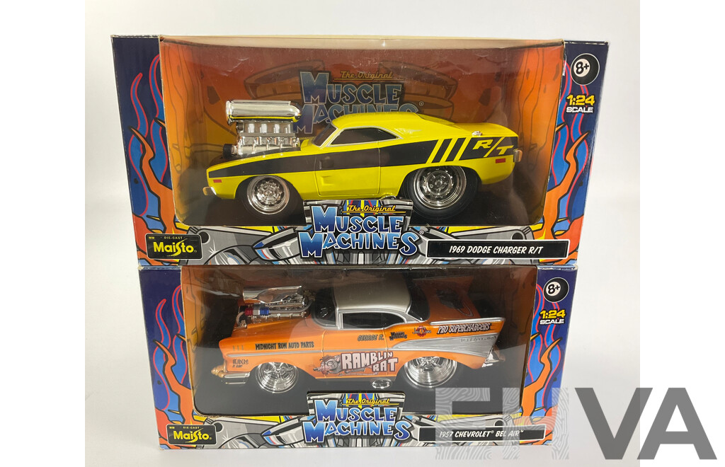 Maisto Diecast Muscle Machines 1969 Dodge Charger R/T and 1957 Chevrolet Bel Air - 1:24 Scale