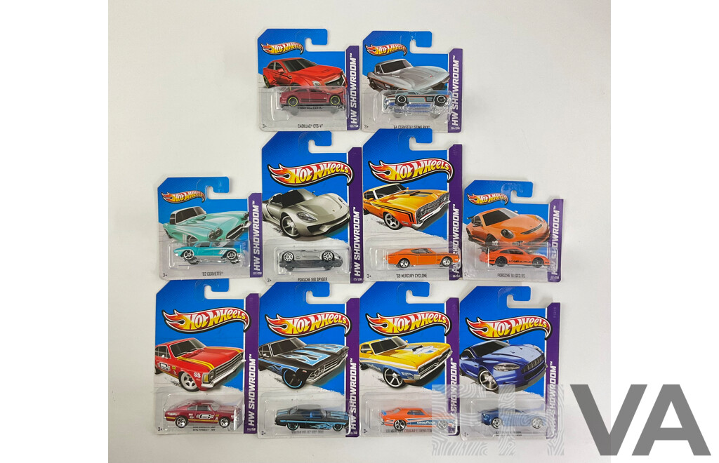 Ten Boxed Hot Wheels HW Showroom Vehicles Including Aston Martin DBS, 1968 Mercury Cyclone, 1964 Corvette Stingray