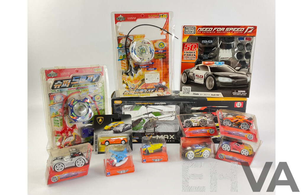 Assortment of Boxed Toys Including V-Max Hypersonic Helicopter, Mega Bloks Need for Speed, Flash Track Stars