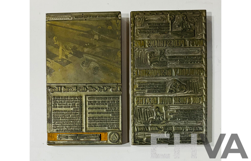 Two Vintage Printers Stamp Blocks ''Most Pedestrians Are Primarily Responsible for Their Own Deaths'' and ''Get Off the Road Hog''