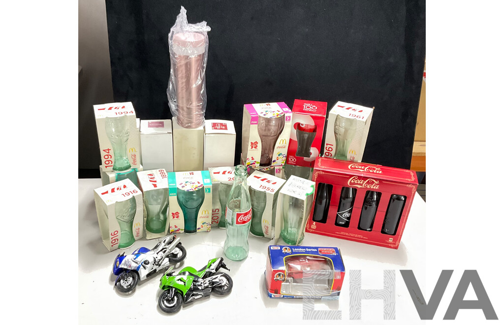 Collection of Boxed Coca Cola Glasses Thermoses, London Bus and Motorbikes