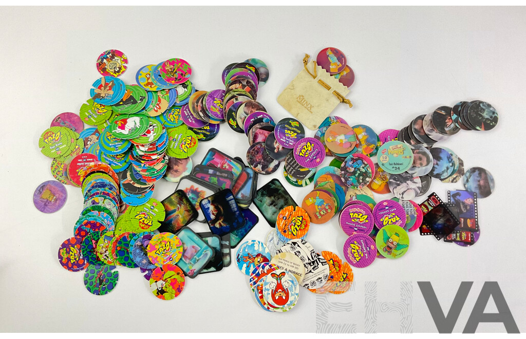 Collection of Tazos Including Warner Brothers, Cheetos Cheetah, Simpsons, Star Wars