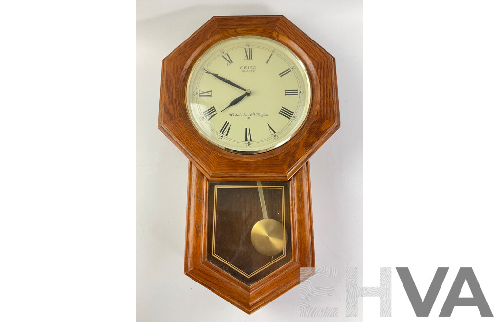 Vintage Seiko Westminster Whittington Chiming Wall Clock, Oak Case with Octagonal Face Surround