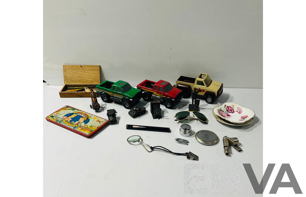 Collection Mixed Items Including Toy Trucks, Pencil Sharpeners, Sun Glasses Marked Ray Ban, Tin Whistles and More