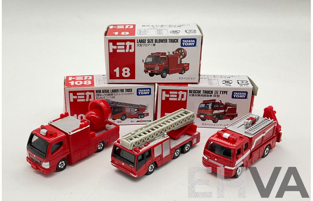 Boxed Takara Tomy Diecast Trucks Including Large Size Blower Truck 18, Hino Aerial Ladder Fire Truck 108, Rescue Truck III Type