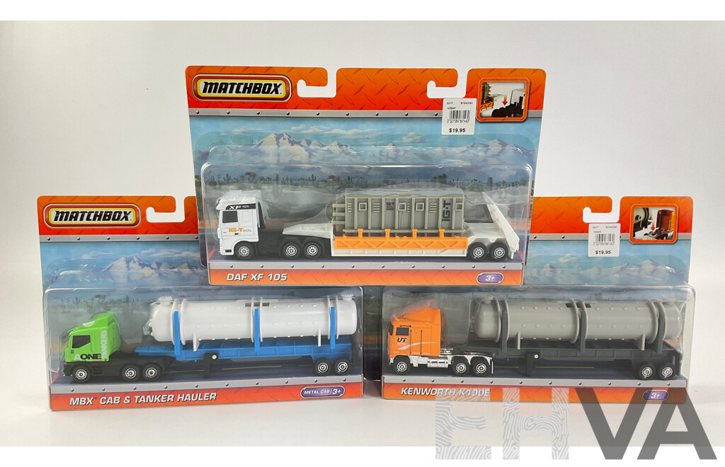 Boxed Diecast Matchbox Kenworth K100E, MBX Cab & Tanker Hauler and DAF XF 105