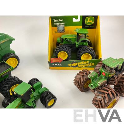 Collection of Diecast and Plastic John Deere Tractors and Trucks Including Ertl