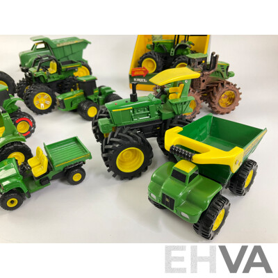 Collection of Diecast and Plastic John Deere Tractors and Trucks Including Ertl