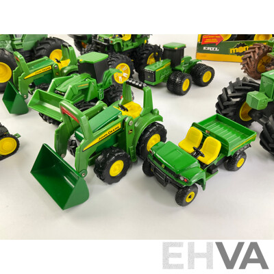 Collection of Diecast and Plastic John Deere Tractors and Trucks Including Ertl