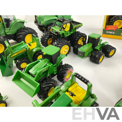Collection of Diecast and Plastic John Deere Tractors and Trucks Including Ertl