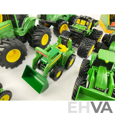 Collection of Diecast and Plastic John Deere Tractors and Trucks Including Ertl