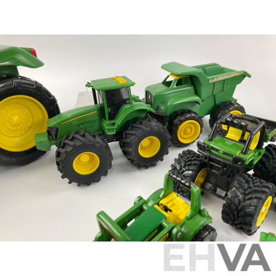 Collection of Diecast and Plastic John Deere Tractors and Trucks Including Ertl