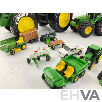 Collection of Diecast and Plastic John Deere Tractors and Trucks Including Ertl