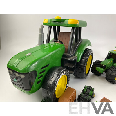Collection of Diecast and Plastic John Deere Tractors and Trucks Including Ertl