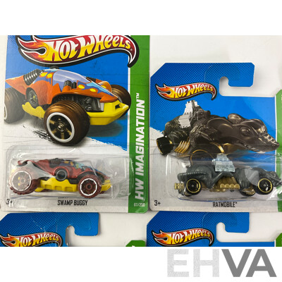 Ten Boxed Diecast Hot Wheels HW Imagination Vehicles Including Retro-Active, Hammer Down, Semi Psycho