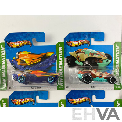 Ten Boxed Diecast Hot Wheels HW Imagination Vehicles Including Retro-Active, Hammer Down, Semi Psycho