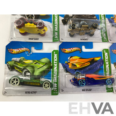 Ten Boxed Diecast Hot Wheels HW Imagination Vehicles Including Retro-Active, Hammer Down, Semi Psycho