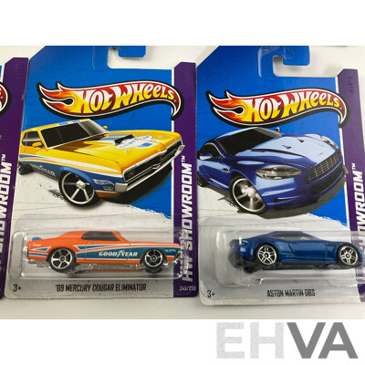 Ten Boxed Hot Wheels HW Showroom Vehicles Including Aston Martin DBS, 1968 Mercury Cyclone, 1964 Corvette Stingray