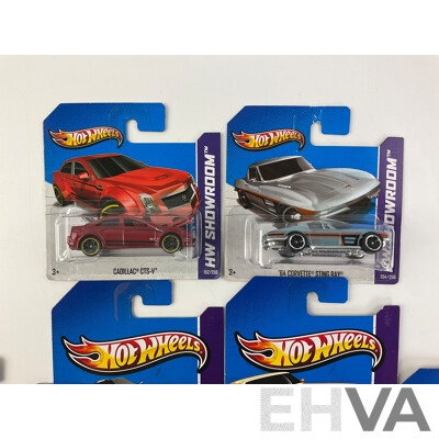 Ten Boxed Hot Wheels HW Showroom Vehicles Including Aston Martin DBS, 1968 Mercury Cyclone, 1964 Corvette Stingray