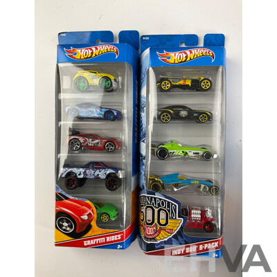 Seven Boxed Hot Wheels Five Packs Including Graffiti Riders, Indy 500, Police Pursuit, Ferrari, HW Tunerz, Hot Rods, World Racers