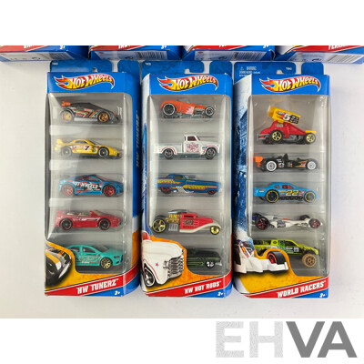 Seven Boxed Hot Wheels Five Packs Including Graffiti Riders, Indy 500, Police Pursuit, Ferrari, HW Tunerz, Hot Rods, World Racers