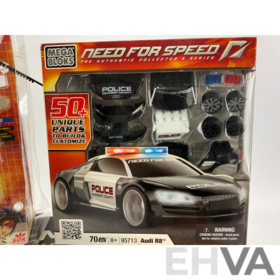 Assortment of Boxed Toys Including V-Max Hypersonic Helicopter, Mega Bloks Need for Speed, Flash Track Stars