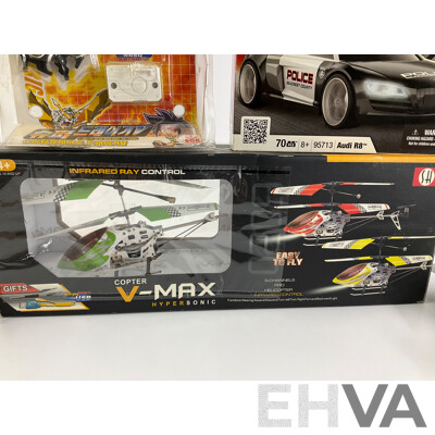 Assortment of Boxed Toys Including V-Max Hypersonic Helicopter, Mega Bloks Need for Speed, Flash Track Stars