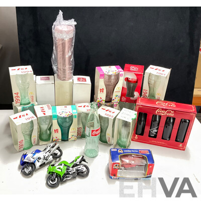 Collection of Boxed Coca Cola Glasses Thermoses, London Bus and Motorbikes