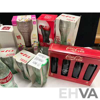 Collection of Boxed Coca Cola Glasses Thermoses, London Bus and Motorbikes