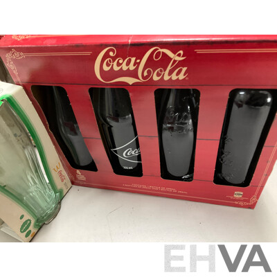 Collection of Boxed Coca Cola Glasses Thermoses, London Bus and Motorbikes