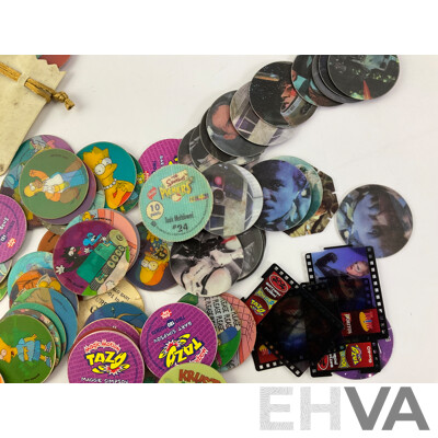 Collection of Tazos Including Warner Brothers, Cheetos Cheetah, Simpsons, Star Wars