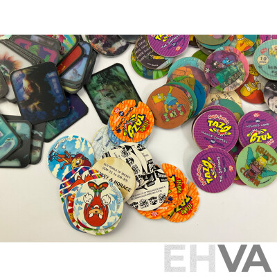 Collection of Tazos Including Warner Brothers, Cheetos Cheetah, Simpsons, Star Wars
