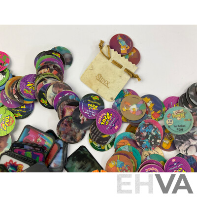 Collection of Tazos Including Warner Brothers, Cheetos Cheetah, Simpsons, Star Wars