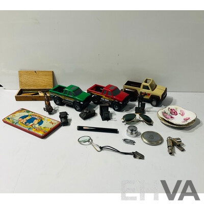 Collection Mixed Items Including Toy Trucks, Pencil Sharpeners, Sun Glasses Marked Ray Ban, Tin Whistles and More